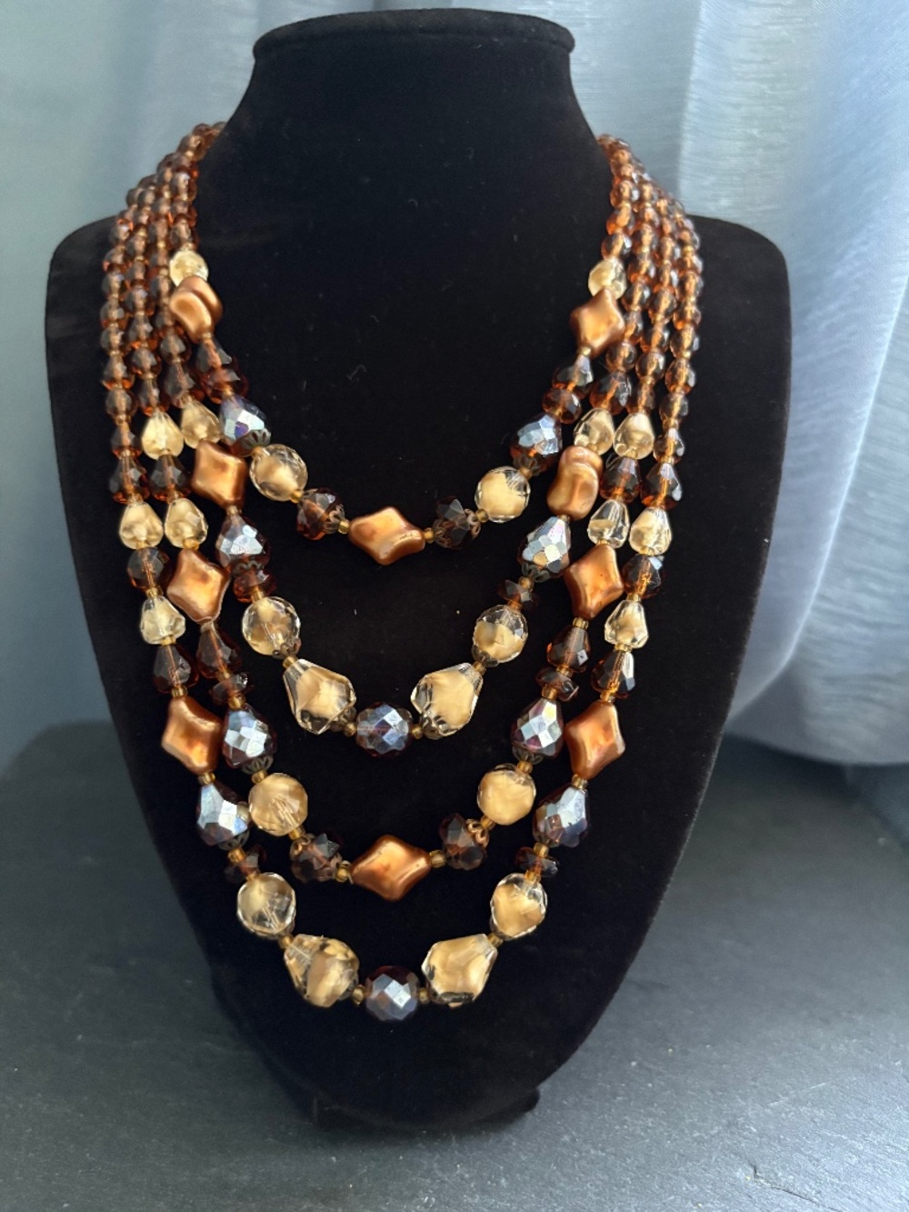 Vintage 50s 60s 4 Strand Waterfall Glass Bead Necklace Amber Cognac Satin Topaz